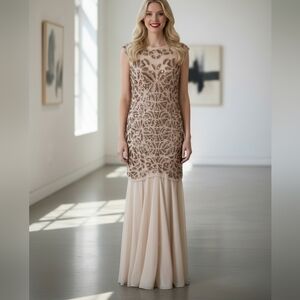 Style Couture Sequin Formal Gown Sz L Ivory Peach Long Dress Prom Holiday Gatsby